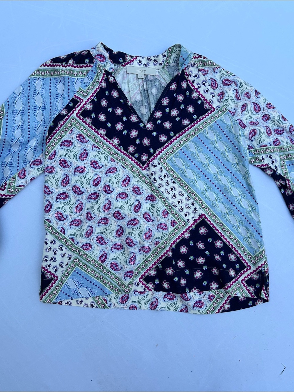 LOFT Patchwork Paisley V-Neck Top - Light Blue, Navy, Pink